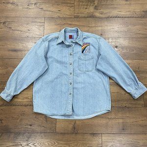 Vintage Sun Belt‎ Denim Shirt Womens Large Embroidered Rainbow Connection Button